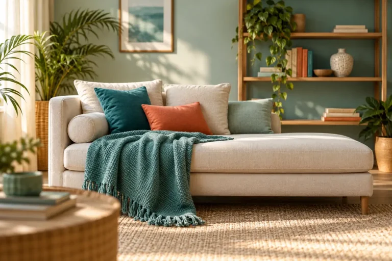 Divã discreto com almofadas, estante e planta em ambiente acolhedor