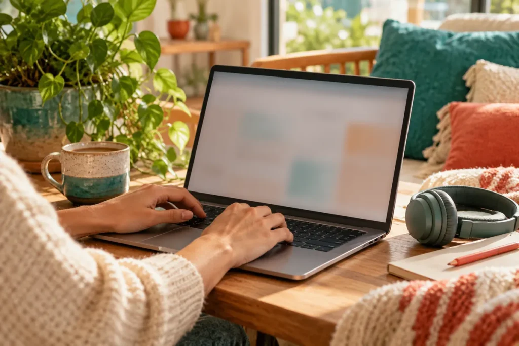 Mãos em um notebook em um canto aconchegante de casa, com fones e xícara