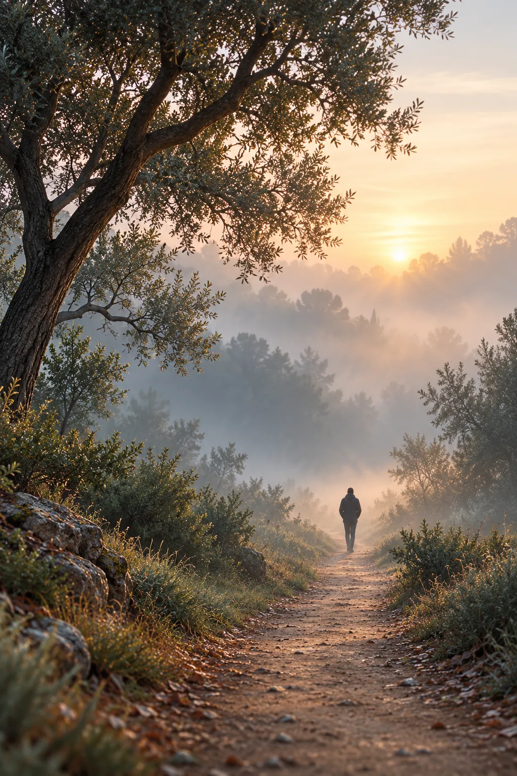 Caminho entre árvores na neblina do amanhecer